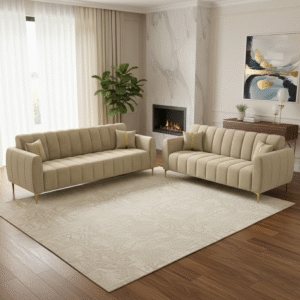 Furnifra Elara Sofa Golden Finish Legs 5 Seater 3+2 Sofa Set in Velvet Fabric | Comfortable & Durable